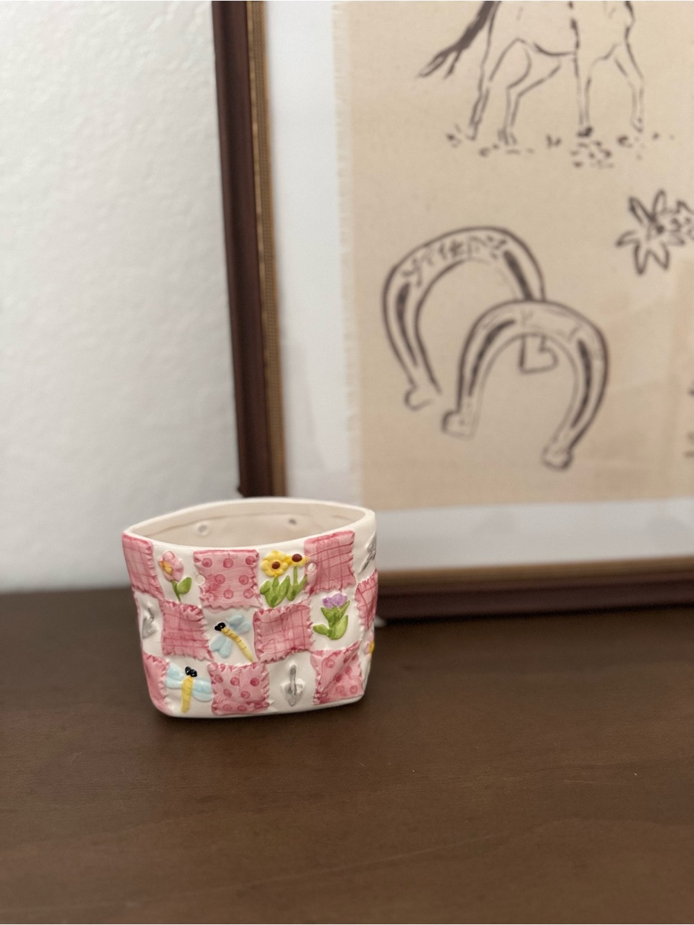 Vintage Pink Patchwork Ceramic Planter Mini Pot